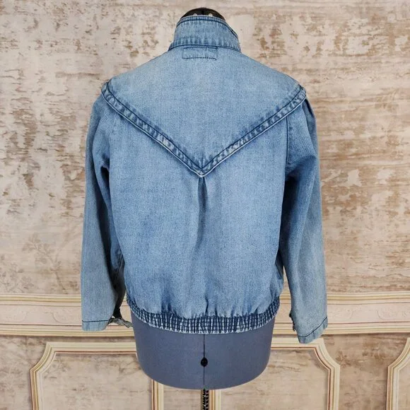 Vintage 1980s Denim Blue Bomber Jacket Distressed Yoke vtg 80s Puff Sleeve M L - Picture 9 of 14